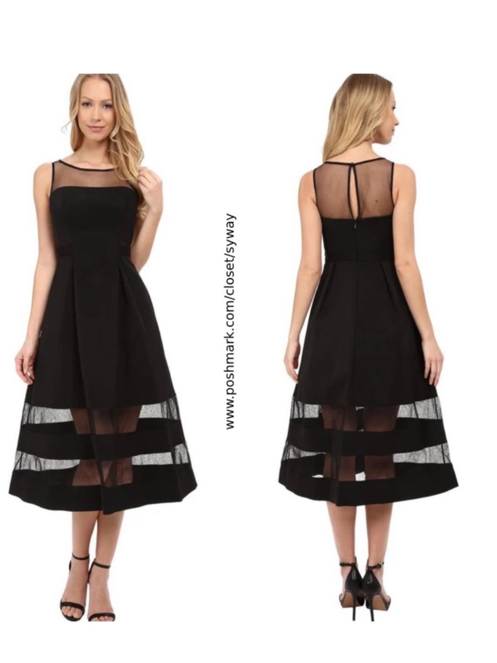 Aidan by Aidan Mattox Black Mesh Inset Midi A-Line Dress